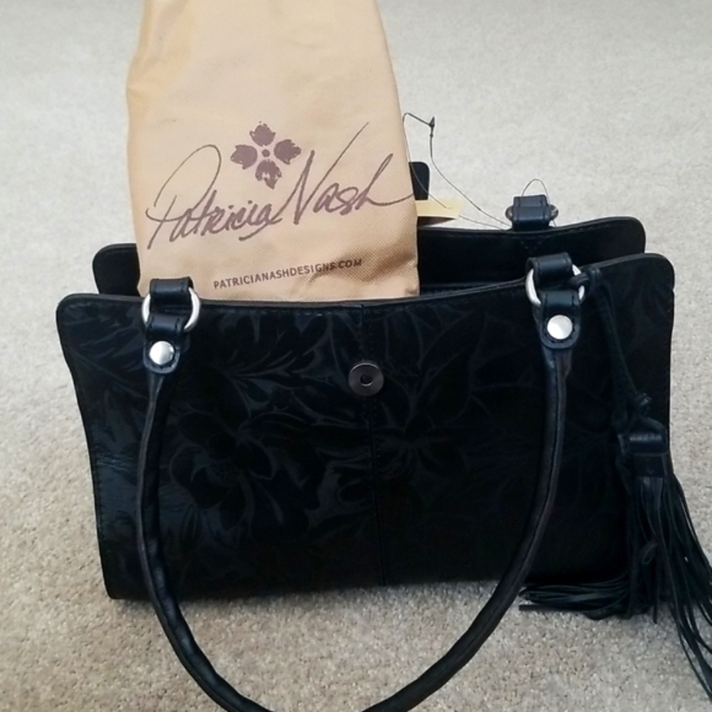 Black tooled leather Patricia Nash "Laser Floral" handbag